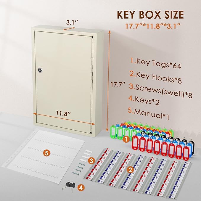 ORIENTOOLS Key Box Steel Key Safe Cabinet, Wall Mount Key Holder Lock Box with Key Tags, Key Organizer Ideal for Home, Hotels, Valets and Office Key Storage (64 Keys, White)