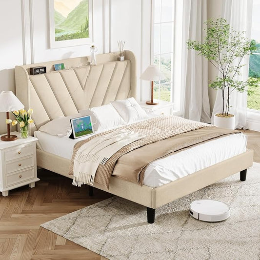 koorlian Full Size Bed Frame, Full Bed Frame with Headboard, Adjustable Upholstered Bed Frame with Type-C&USB Port, Wingback Storage Headboard, Noiseless, No Box Spring Needed, Beige