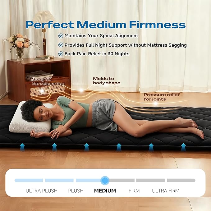 Aircliff Japanese Floor Futon Mattress, Roll Up Tatami Mat, Sleeping Pad, Shikibuton, Portable Foam Floor Bed Mattress for Sleeping, Dormitory, Guest Bed, Designed in Japan(Black, Queen)