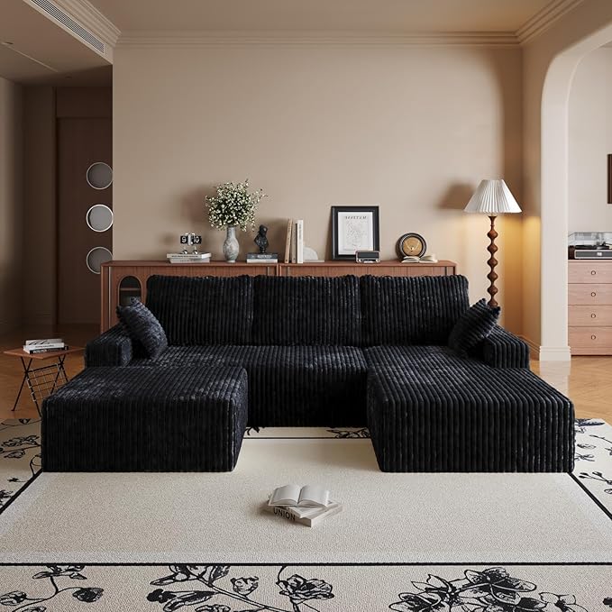 108" U Shaped Sectional Couch with Ottoman, Corduroy Modular Sectional Sofa with Deep Seat, Modern Modular L-Shape Sofa Couch with Chaise,Upholstered Boneless Couches for Living Room Bedroom