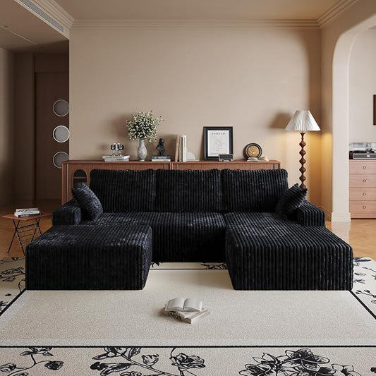 108" U Shaped Sectional Couch with Ottoman, Corduroy Modular Sectional Sofa with Deep Seat, Modern Modular L-Shape Sofa Couch with Chaise,Upholstered Boneless Couches for Living Room Bedroom