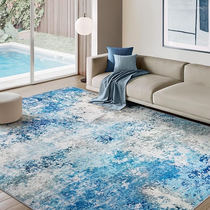 8x10 Area Rugs Living Room Rug - Washable Neutral Modern Abstract Large No Slip Soft Thin Rug Indoor Floor Carpet for Bedroom Under Dining Table Home Office Nursery Room - Blue White
