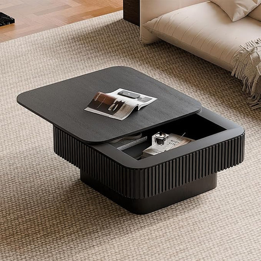 Square Coffee Table for Living Room,Fluted Drum Accent Tea Center Table with Storage,Solid Wood Modern Coffee Tables for Small Space Office Apartment (31.5" L×31.5''W×14''H-Black)