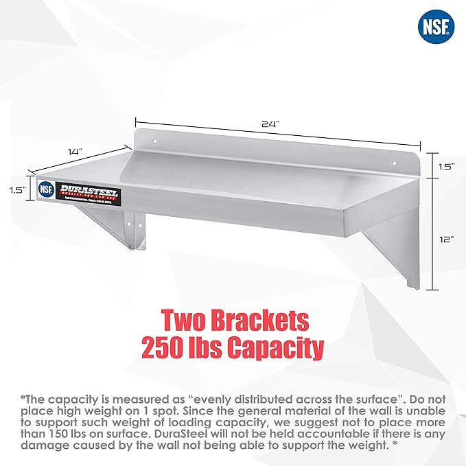 DuraSteel Stainless Steel Wall Mount Shelf 24" Wide x 14" Deep Commercial Grade - NSF Certified - Good for Restaurant, Bar, Home, Kitchen, Laundry, Garage and Utility Room