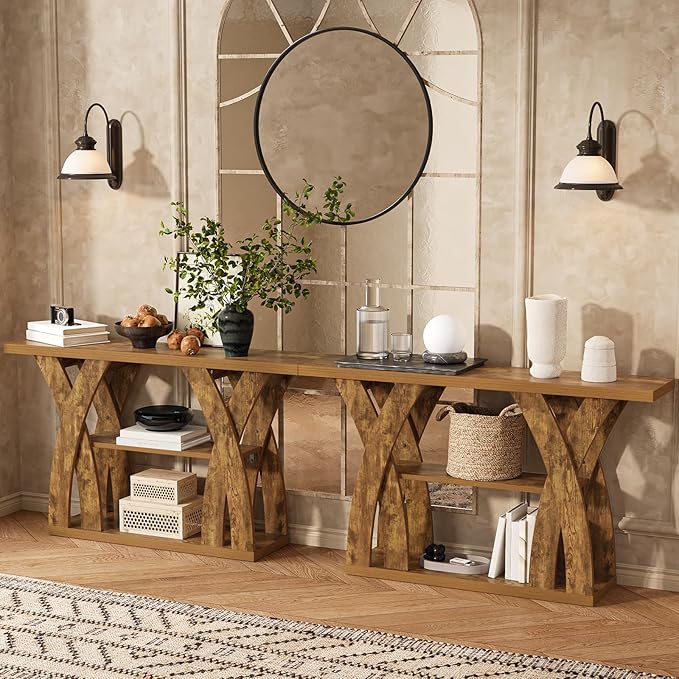 Farmhouse Console Tables, 55-Inches Narrow Console Tables 3-Tier Rustic Wood Sofa Behind The Couch Table Entryway Table for Living Room, Bedroom, Home Office (Tiger Brown)