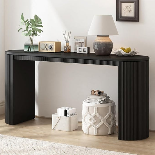 Modern Curved Console Table 59.2-Inch Fluted Entryway Sofa Table for Living Room Entrance Hallway Furniture, Black