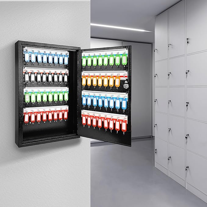 ORIENTOOLS Key Box Steel Key Safe Cabinet, Wall Mount Key Holder Lock Box with Key Tags, Key Organizer Ideal for Home, Hotels, Valets and Office Key Storage (64 Keys, Black)