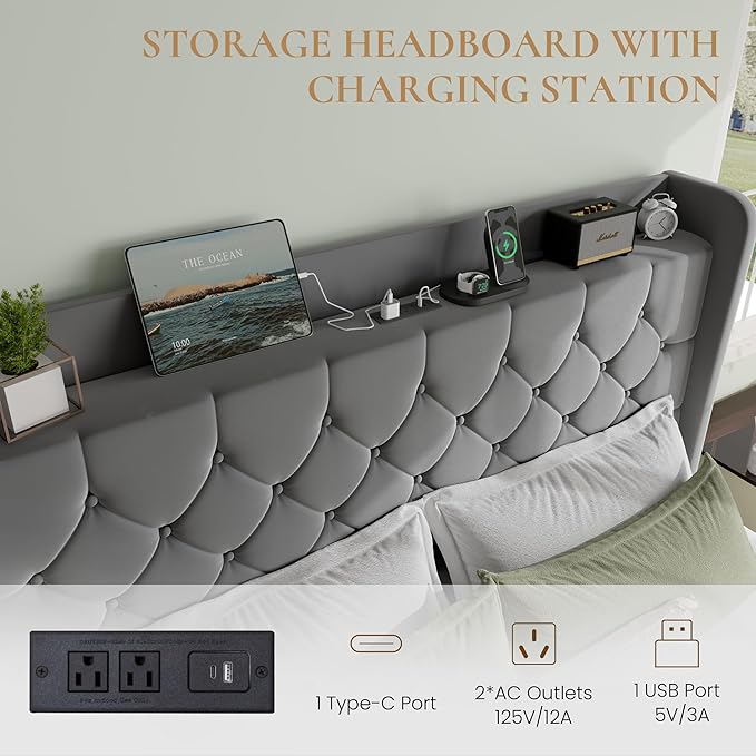 SHA CERLIN King Size Platform Bed Frame with Charging Station, Velvet Wingback Headboard with Storage Shelf, Wooden Slats Support, Ample Under-Bed Space, No Box Spring Needed, Easy Assembly, Grey