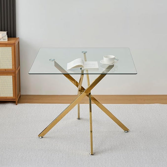 36" Square Glass Dining Table Modern Kitchen Glass Top Table for 4 with Gold Chrome Metal Legs, Clear Dining Table Kitchen Table for Home Office Dining Room