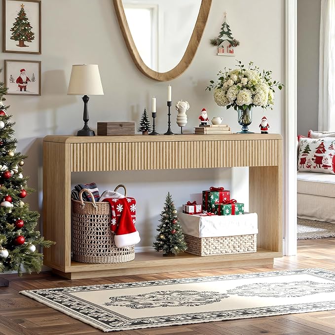 Evermagin 59'' Oak Entryway Table with Drawers, Boho Fluted Console Table, Sofa Table with Storage for Living Room, Entrance, Hallway