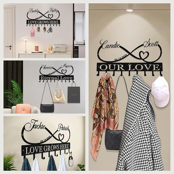 Personalized Key Hooks for Wall,Custom Couples Name Loving Heart Key Holder Wall Mounted,Fashion Coat Rack,Metal Key Hanger with Hooks,Key Rack Organizer for Entryway,Hallway,Doorway