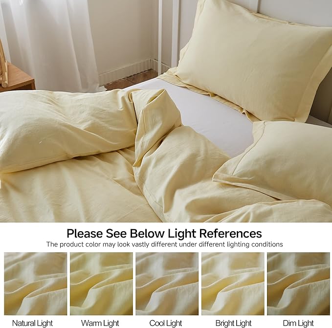 Simple&Opulence French Linen Duvet Cover Set - Twin Size(68" x 86")- 2 Pieces (1 Comforter Cover,1 Pillowcase)- Natural Flax Cotton Blend-Solid Color Breathable Farmhouse Bedding-Pale Yellow