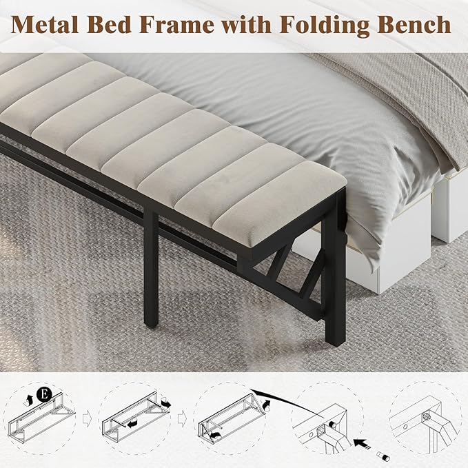 Full Bed Frame with Folding Bench and Charging Station, Velvet Upholstered Headboard with LED Light and Storage Shelf, Heavy Duty Metal Slats/No Box Spring Needed/Easy Assembly, Beige