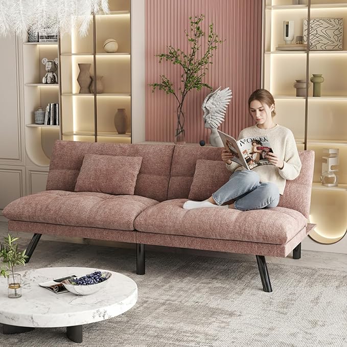 Futon Sofa Bed Convertible 70 inch Solid Wood Couch for Living Room, Chenille Fabric, 2 Cushions (Pink)