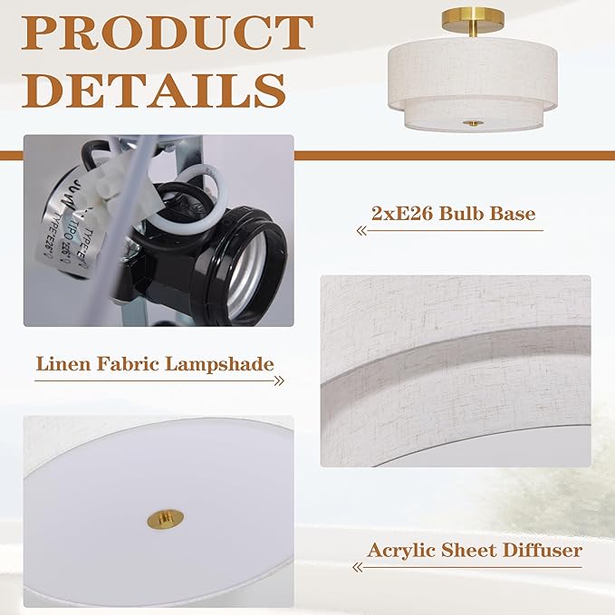 2 Light Semi Flush Mount Ceiling Light Fixture 12.6 Inch Modern Gold Drum Lights Fixture with 2-Layer Fabric Shade Dimmable Close to Ceiling for Living Room Hallway Bedroom Entryway