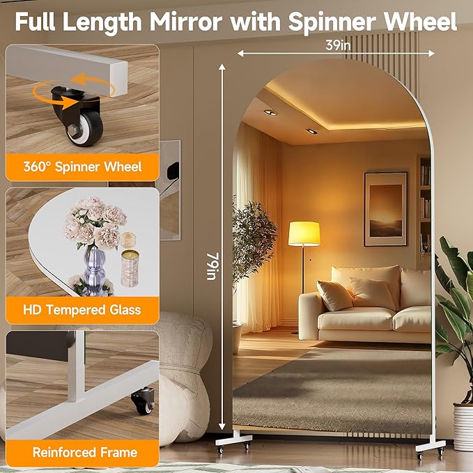Hasipu 79" x 40" Arched Rolling Home Gym Mirror with Wheels, 360° Swivel Body Mirror with HD Tempered Glass, Large Floor Mirror for Yoga Room, Dance Studio, Bedroom & Home Gym