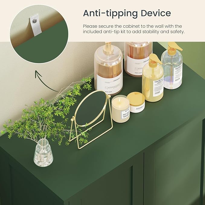 Iwell Bathroom Cabinet, Bathroom Storage Cabinet with 2 Doors & 3 Shelves, 3 Heights Available, for Living Room, Entryway, Home Office, Green