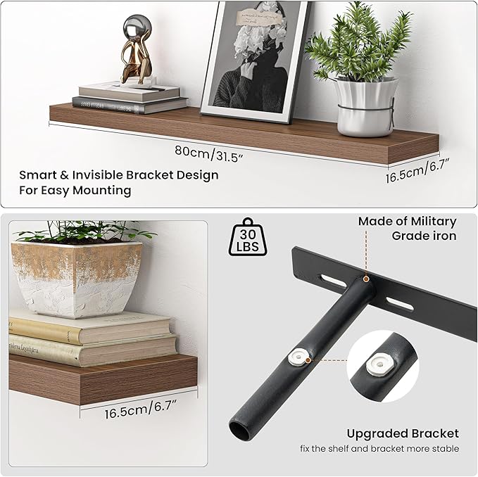 Heimlove Floating Shelves for Wall 32 Inch,Mounted Storage Wood Shelves with Invisible Brackets Hanging Shelf for Bedroom Living Room Kitchen Office,Set of 2,Walnut Color