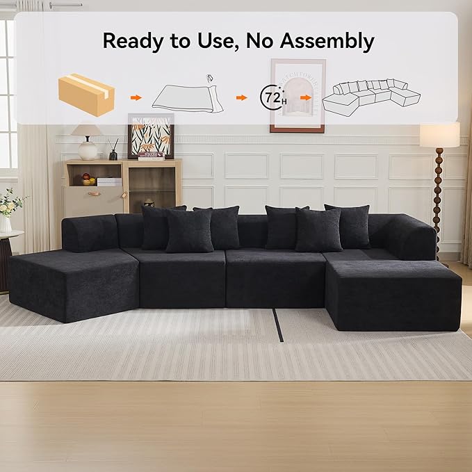 140''Oversized Cloud Velvet Curved Sectional Couch, Boneless Couch with L-Shape Chaise, Upholstered Compression Memory Foam Modular Sectional Sofa for Living Room, No Assembly Required, Black