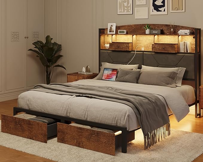Full Size Bed Frame with 4 Storage, Upholstered Velvet Platform Bed Frames with Button Tufted Headboard Led Lights, Wooden Slats Support, No Box Spring Needed, Rustic Brown