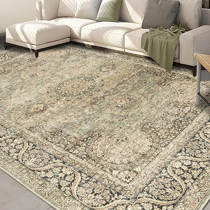 Area Rug 9x12 Olive Charcoal Area Rug 9x12 Indoor Vintage Living Room Carpet Washable Distressed Rug Retro Accent Throw Rug for Office Dining Room Nursery (Olive Charcoal, 9x12 ft)
