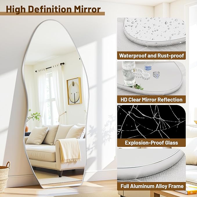 Antok Full Length Mirror, 76"x36" Floor Mirror with Stand, Standing Hanging Leaning Irregular Mirrors for Bedroom Living Room Entryway, Wavy Shaped, Silvery