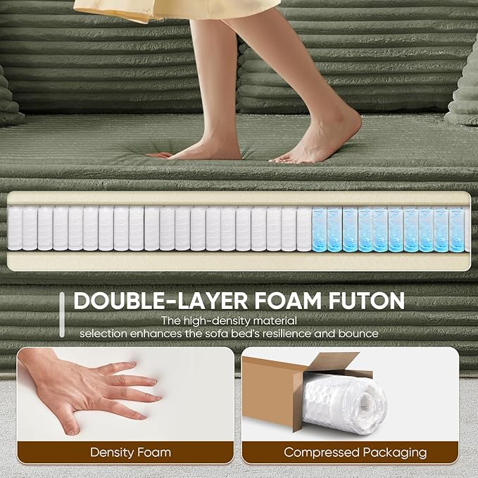 Antetek Convertible Sofa Bed, Comfy Corduroy Fluffy Love seat Sleeper Sofa, 5 in 1 Folding Couch Bed, Fold Out Floor Couch with Pillows for Bedroom, Living Room, Office, Wide Stripes, Green