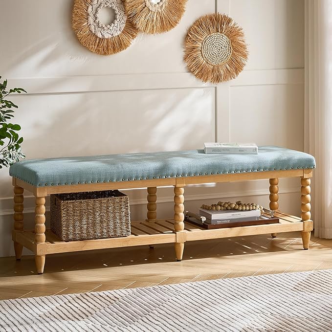 HULALA HOME Farmhouse Entryway Bench, 58" Fabric Bed Bench with Shelf, Solid Spindle Legs, Nailhead Trim Detail for Bedroom, Living Room, Hallway, Blue