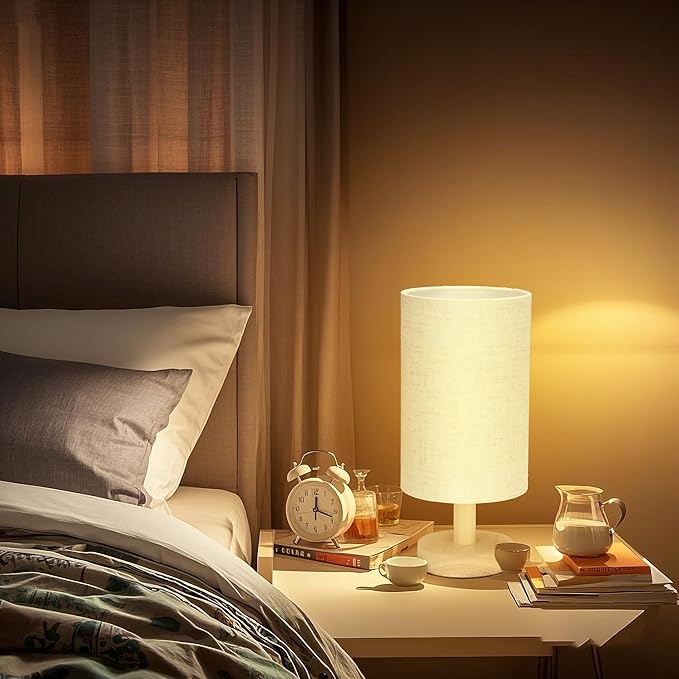 Small Table Lamp for Bedroom - Bedside Lamps for Night Stands, Minimalist Nightstand Light Lamp, Desk Lamps for Living Room, Office, Dorm(Wood Base, 10" Inline Control)