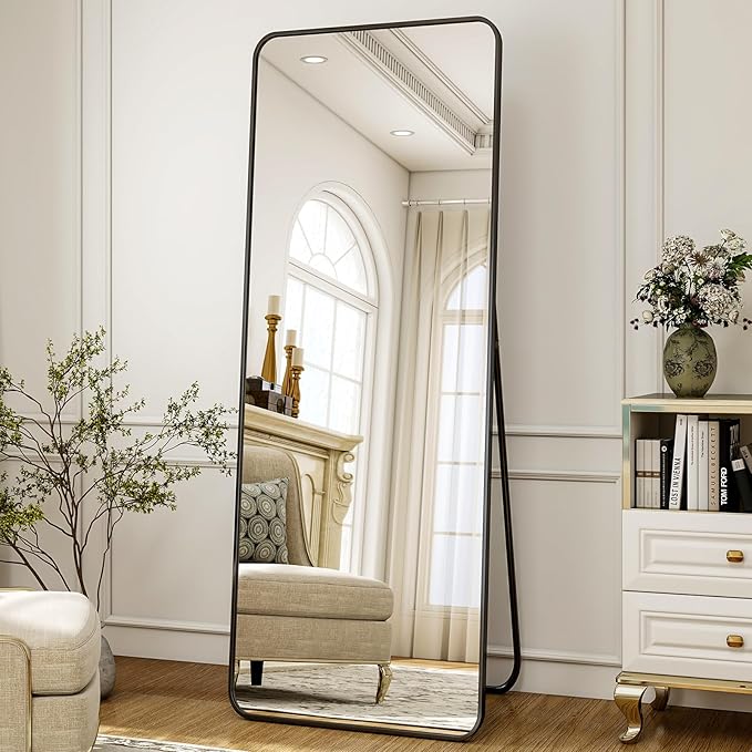VooBang Round Corner Mirror Full Length, 16" x 59" Floor Mirror with Stand, Matte Aluminum Alloy Frame Full Body Mirror, Standing Hanging or Leaning for Bedroom and Living Room, Black