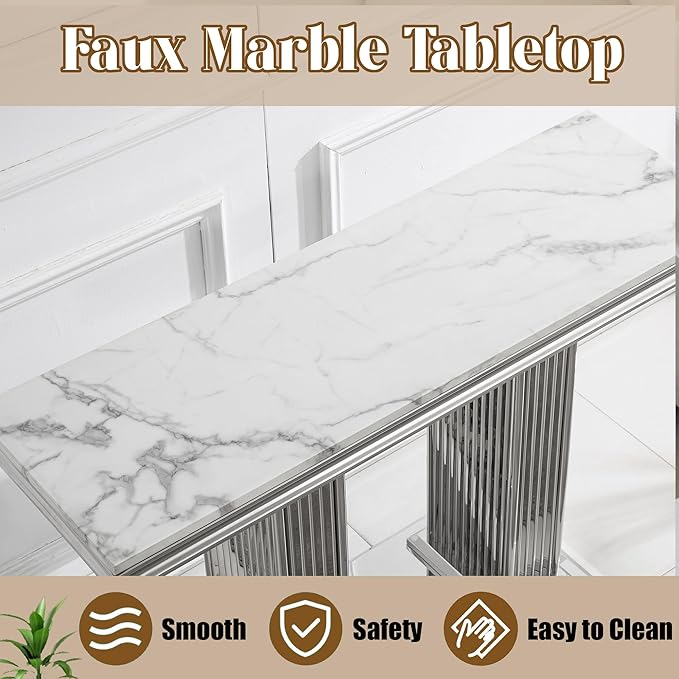 47" Marble Console Table, Modern Entryway Table with Pillar Stainless Steel Base, Rectangle Faux Marble Sofa Table for Living Room, Hallway, Foyer, White Silver