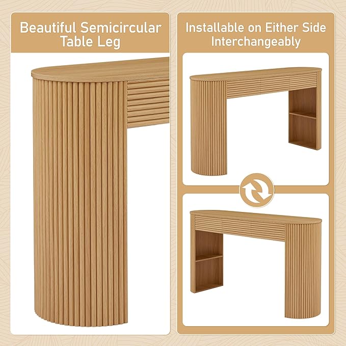 Merax Modern Retro Entryway Table, Rounded Console Table with3 Drawers and Open Hidden Storage for Living Room, Hallway and Office, Nature