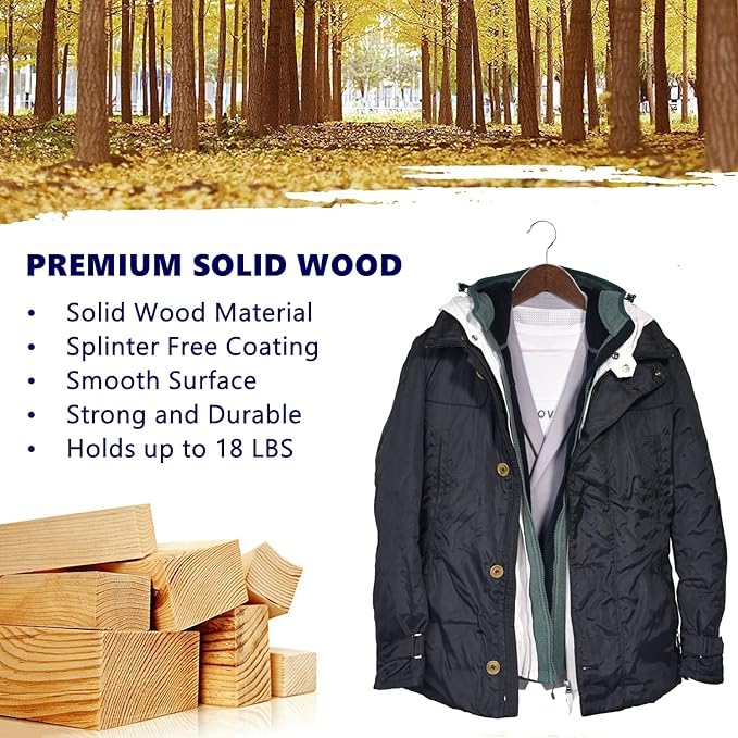 Amber Home 30-Pack Vintage Wooden Coat Hangers, Walnut Wood Suit Hangers with Non-Slip Pant Bar for Shirts, Jackets, Dresses, Pants - Retro