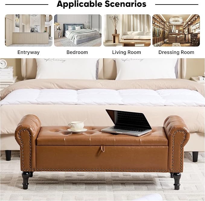 Storage Bench for Bedroom, 51" Upholstered End of Bed Bench, Faux Leather Queen Size Benches with Rolled Arms, Tufted Button Storage Long Ottoman, Living Room, Entryway, Brown