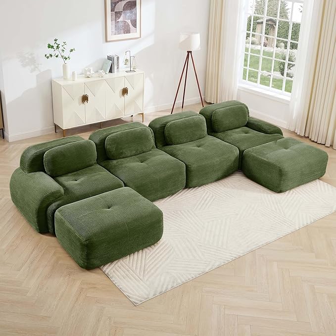 152" Modern Corduroy Cloud Sofa with Ottoman, U Shaped Boneless Modular Large Sectional Couches for Living Room, Green 4 Seater Compressed Memory Foam Couch, Extra Deep Seat, No Assembly