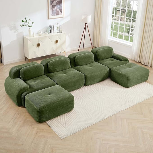 152" Modern Compressed Boneless Couch with Ottoman, 4 Seater Large U Shaped Sectional Couches for Living Room, Green Corduroy Cloud Modular Sectional Sofa, Memory Foam, Extra Deep, No Assembly