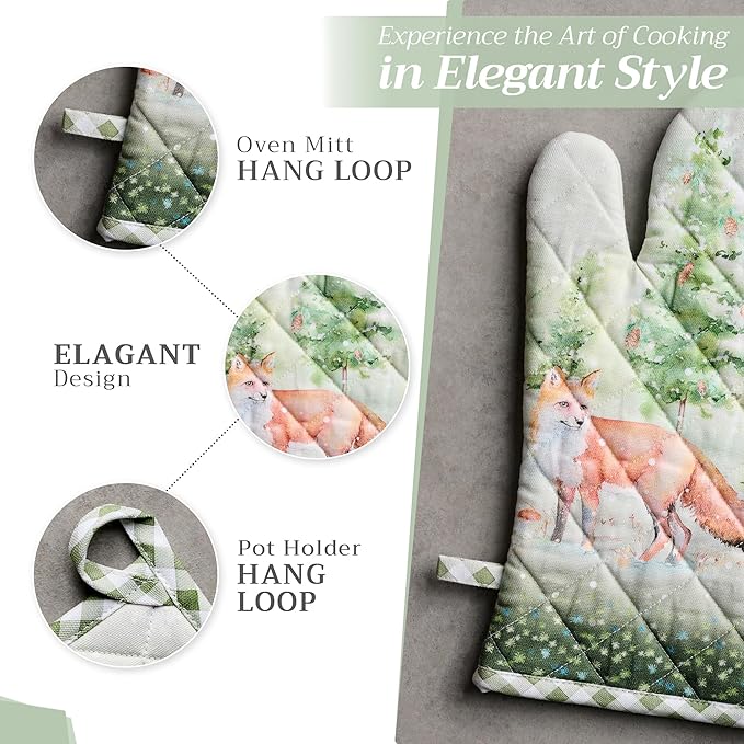 Maison d' Hermine 100% Cotton Oven Mitt & Pot Holder Set (7.5"x13" & 8"x8") Heat Resistant BBQ Cooking Gloves with Loop for Thanksgiving Christmas Decorations Handling Hot Pans (Winter Mornings)