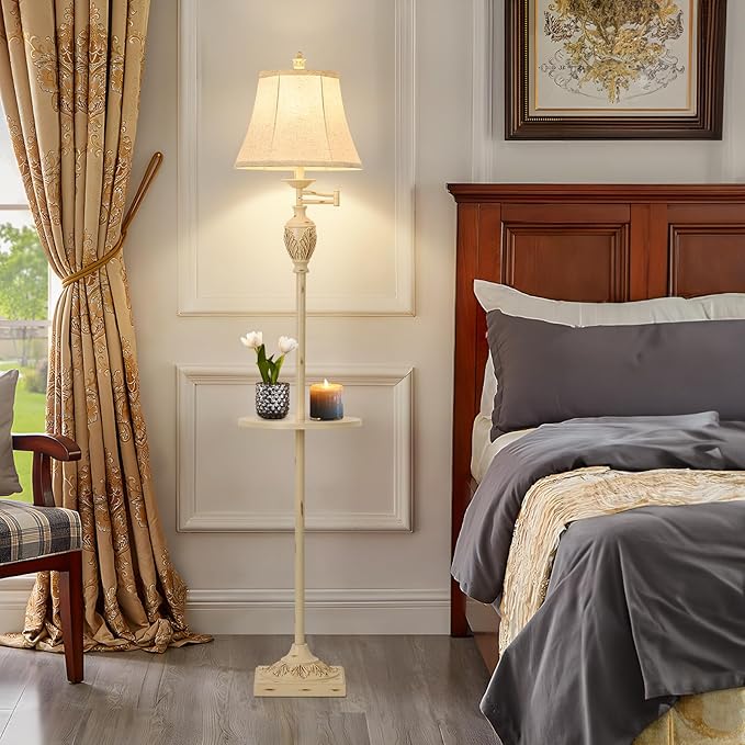 Traditional LED Floor Lamp with 350° Adjustable Swing Arm Lamp – Vintage Standing Pole lamp for Living Room, Bedroom and Office – Rustic Upright Floor Light for Home Décor with Silk Fabric Shade