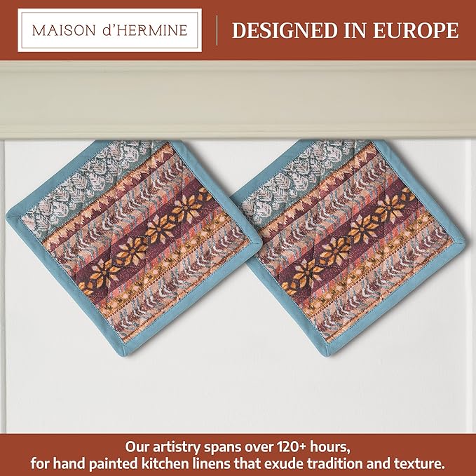 Maison d' Hermine Pot Holders Set 100% Cotton Heat Resistant Potholders 8" x 8" Hot Pads with Loop for Thanksgiving Christmas Decorations BBQ Cooking Baking Handling Hot Pans (Pack of 2, Fair Isle)
