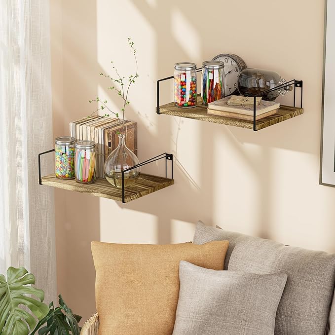 SRIWATANA Wide Floating Shelves, Rustic Wood Wall Shelves Set of 2, Wall Mounted Shelves with Large Capacity for Many Rooms Decor, Carbonized Black