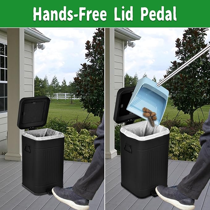 Dog Poop Trash Can with Lid for Outdoors，3.2 Gallon Trash Can with Activated Carbon Filter & Plastic Bags, Pet Waste Container，UP12L-BK-F+200BK