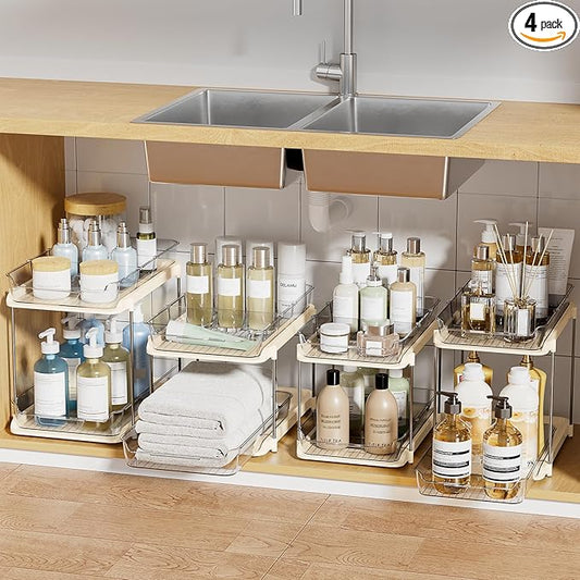 Delamu 2-Tier Multi-Purpose Bathroom Under Sink Organizers and Storage, Stackable Kitchen Pantry Organization, Pull Out Medicine Cabinet Organizer with Movable Dividers, Beige, 4 Pack