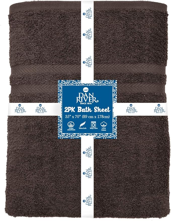DAN RIVER 2 Pack Luxury Bath Sheets 35x70, 600 GSM, Soft & Quick Dry 100% Ring Spun Cotton Towels Ideal for Hotels, Spas, Gyms & Salons Extra Large, Brown
