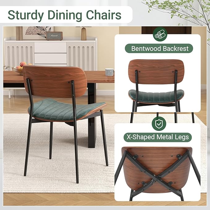 Mid Century Modern Dining Chairs Set of 4,Upholstered Faux Leather Kitchen Chairs with Walnut Bentwood Back and Metal Legs for Kitchen Dining Room Living Room, Green