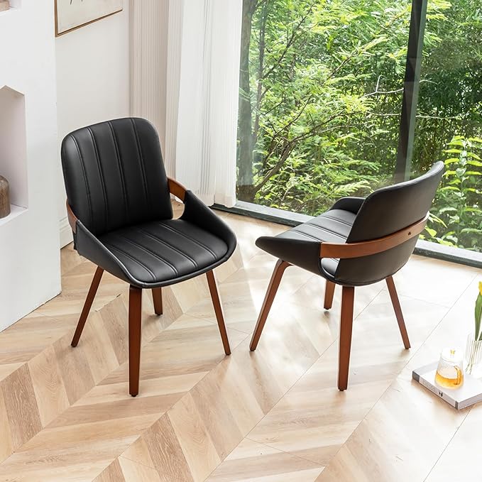 Mid Century Modern Faux Leather Upholstered Dining Chairs,Armless Accent Chairs with Sturdy Natural Wood Legs,Bamboo Backrest Support for Kitchen&Dining Room Chairs(Set of 2,Black PU)