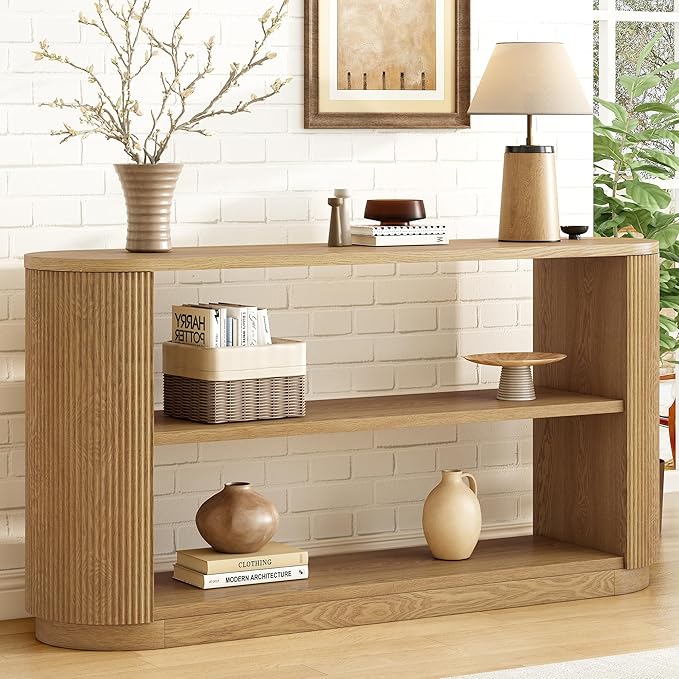 Modern Curved Console Table 59-Inch Oval Fluted Entry Sofa Table with Open Storage Shelves for Living Room Entryway Hallway Furniture, Natural