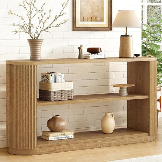 Modern Curved Console Table 59-Inch Oval Fluted Entry Sofa Table with Open Storage Shelves for Living Room Entryway Hallway Furniture, Natural