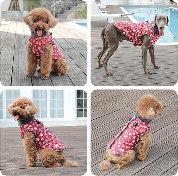 Warm Fleece Dog Coats with Durable Harness Buitl in D-Ring,Waterproof Doggie Jacket for Medium Dogs,Dog Vest for Cold Winter,Red,Snow Pattern XL