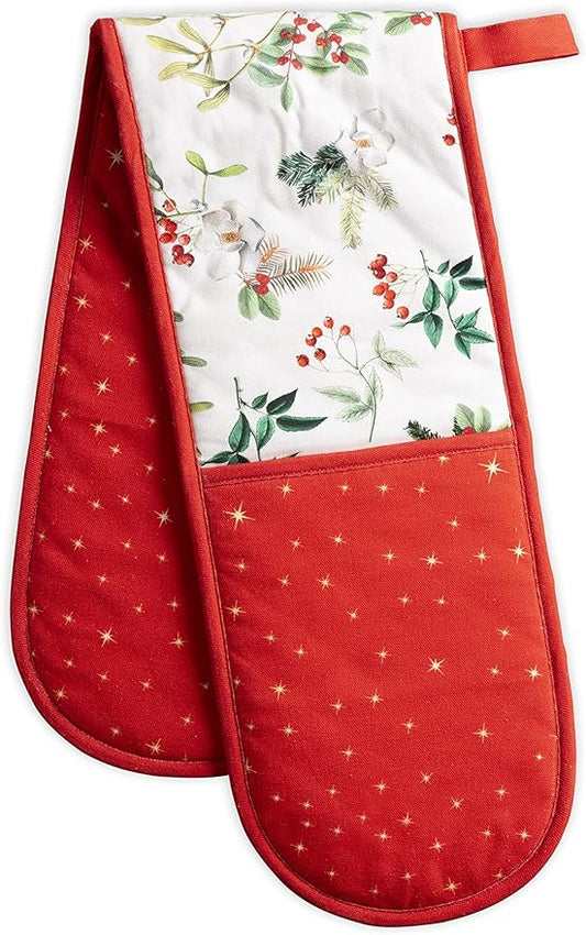 Maison d' Hermine Double Oven Mitt (7" x 35") 100% Cotton Heat Resistant BBQ Cooking Gloves with Loop for Thanksgiving Christmas Decorations Baking Cooking Barbeque Handling Hot Pan (Noel)