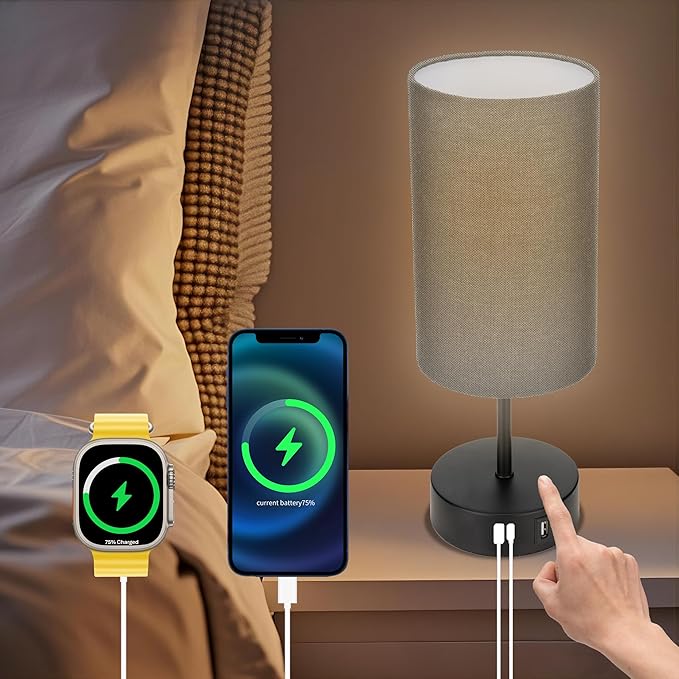 Bedside Table Lamp for Bedroom - 3 Way Dimmable Touch Lamp USB C Charging Ports and AC Outlet, Black Base Round Flaxen Fabric Shade for Living Room, Desk, LED Bulb Included(Black)